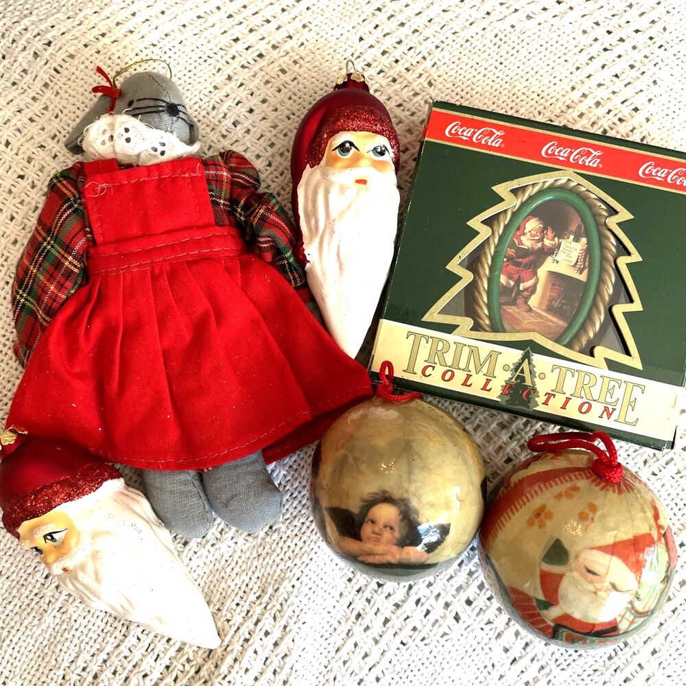 Christmas Ornament Lot Paper Mache Coca-Cola Santa 6 pcs
